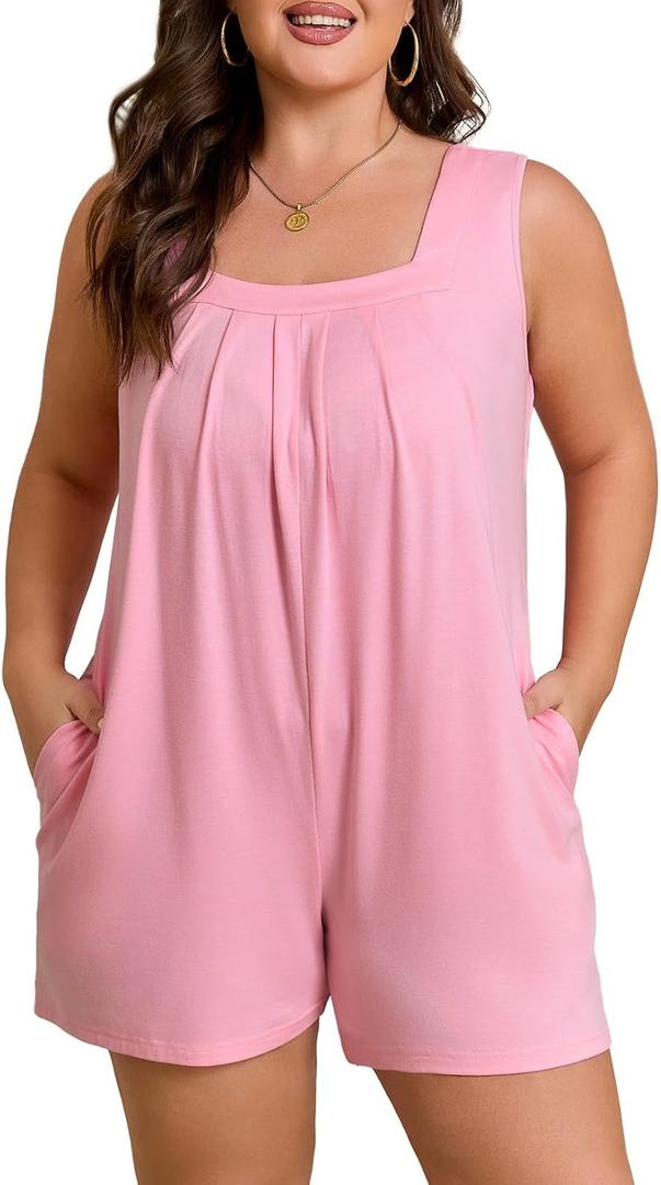 Eytino Women's Plus Size Jumpsuits Casual Sleeveless Short Overalls Pleated Front Rompers Summer Outfits(1X-5X) (3X, Pink)