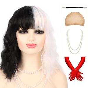 Black and White Wigs for Women Costume Half Black Half White Short Bob Curly Wigs for Women Shoulder Length Heat Resistant Synthetic Wigs