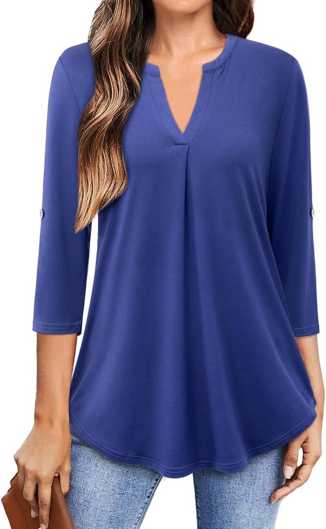 Bulotus 3/4 Length Sleeve Womens Tops Dressy Casual V Neck Collared Blouses Work Office Tunics 2026 Spring Summer (Medium, Blue)