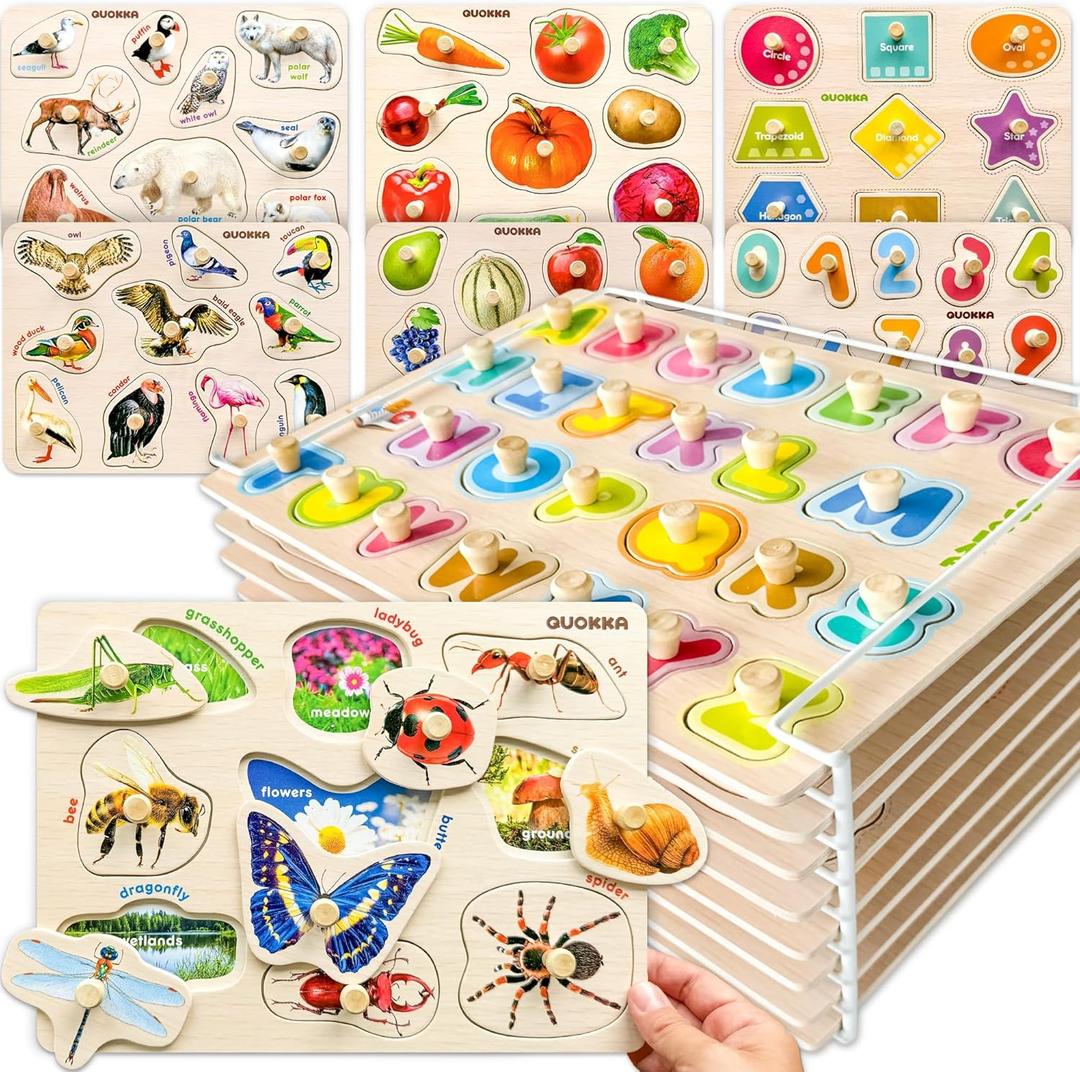 QUOKKA 8 Wooden Puzzles for Toddlers 1-3 - Toddler Montessori Puzzles Ages 2-4 in a Rack - Learning Alphabet, Numbers and Animals Toy for Kids 3-5 - Wood Games Gift for Boys and Girls
