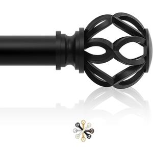 Black Decorative Farmhouse Curtain Rods:72-144"Adjustable Heavy Duty Single Window Curtain Rod for Bedroom Living Room,Matte Black Boho Rustic Drapery Rods with Vintage Twist Finial Easy Install