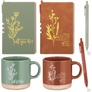 Didaey 6 Sets Employee Appreciation Gifts Set 13oz Boho Floral Ceramics Coffee Mugs with A6 Leather Notebooks Ballpoint Pens Bulk Office Thank You Gift for Coworkers Staff Team Nurse