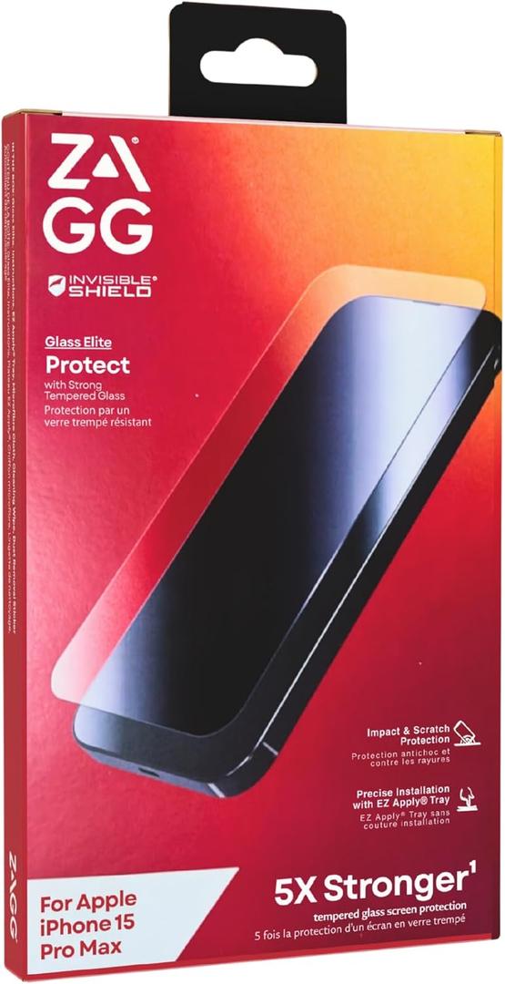 ZAGG InvisibleShield Glass Elite Screen Protector for iPhone 15 Pro Max - 5X Stronger Tempered Glass, Scratch & Impact Protection, Smudge-Resistant, Easy to Install - Clear