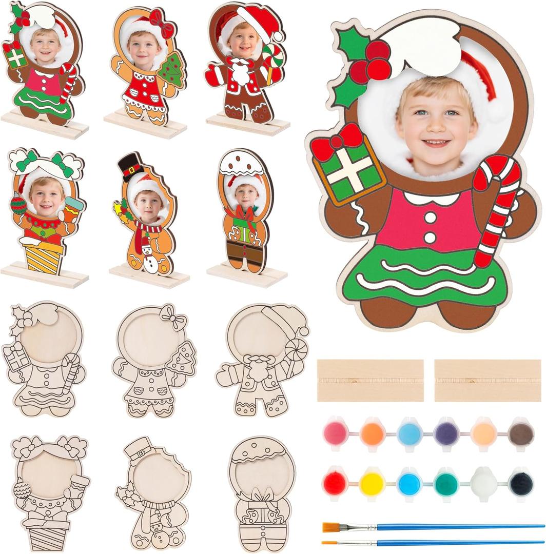 CJiangpo 24 Sets Christmas Picture Frame Ornament, Gingerbread Man Wood Christmas Crafts for Kids, DIY Xmas Craft Color Your Own Photo Frame Tabletop Decor for Classroom Activities Holiday Party Gifts