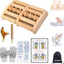 Wooden Foot Massager Roller with Reflexology Socks and Gloves Tools Set for Circulation, Pain Relief in Wide Feet, Health Promotion, Gift for Mom, Dad, or Elderly