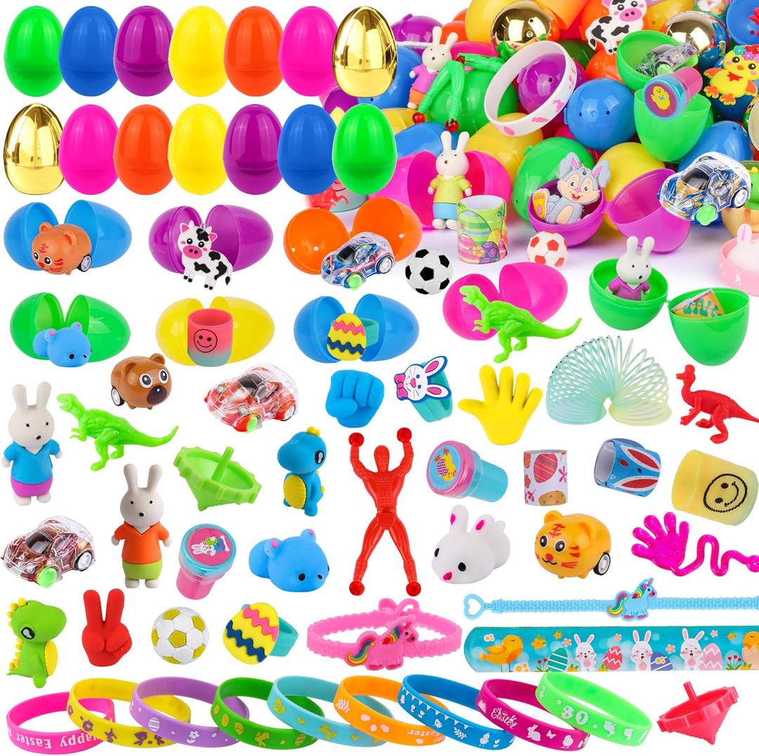 [ 6 Surprise Golden Eggs ] 100 Pack Prefilled Easter Eggs Filled with Assorted Toys Inside, Pre Filled Plastic Easter Eggs Fillers for Easter Hunt, Easter Basket Stuffers, Easter Party Favors