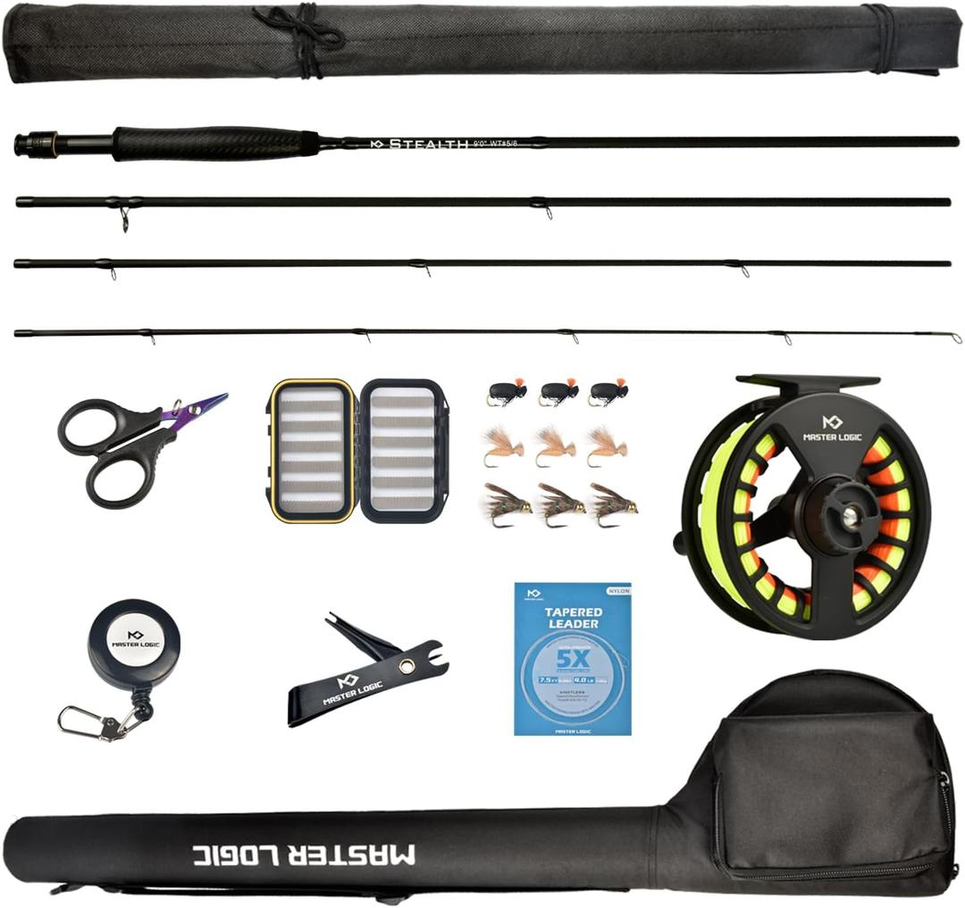 Stealth Fly Fishing Rod Combo Starter Kit, 30T Carbon Fiber Graphite Fly Rods with Die-cast Aluminum Reel and Fly Fishing Accessories, 9ft 5/6wt 4 pc