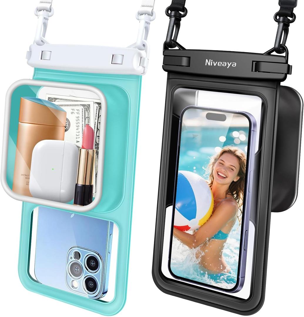 Niveaya 2 Pack IPX8 Waterproof Phone Pouch, Large Space Cell Phone Pouch Floating, Water Proof Phone Case with Lanyard, Phone Dry Bag Beach Cruise Ship Essentials(Up to 8.5") (Black + Green)
