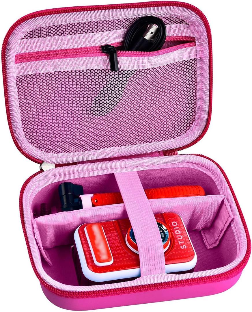 Kids Camera Case for VTech KidiZoom Creator Cam HD Video Camera for Makolle Selfie Camera for KODAK Printomatic Instant Print Cameras, Carrying Storage Bag Holds Tripod Accessories(Box Only)-Pink