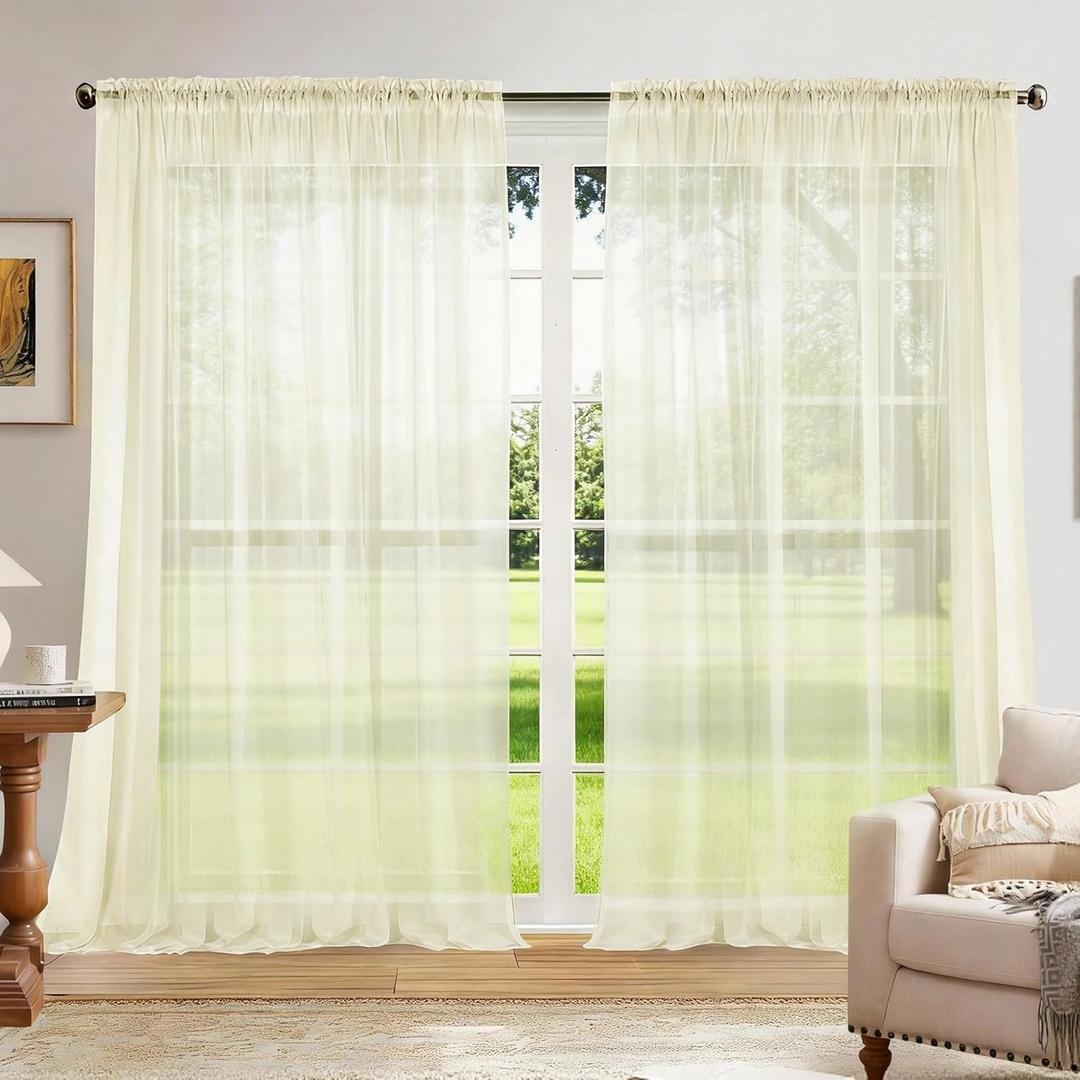 Dreaming Casa Solid Sheer Curtains 102 Inches Long Ivory Rod Pocket Voile Draperies for Bedroom Living Room, 2 Panels, Each 100" W x 102" L