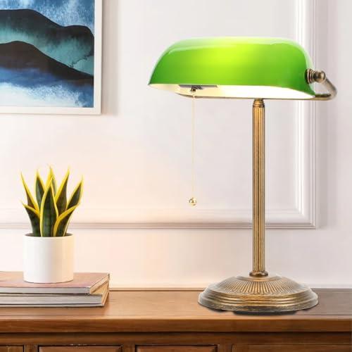 NISSAFORS Bankers Desk Lamp, Green Glass Shade, Vintage Desk Lamp with Pull Chain Switch, Retro Table Lamps for Home Office(Retro Gold+Green, Small)