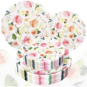 60 PCS Floral Plastic Plates - Pink Disposable Decorative Plates Include 30 Dinner Plate, 30 Dessert Plate for Wedding & Tea Party & Spring