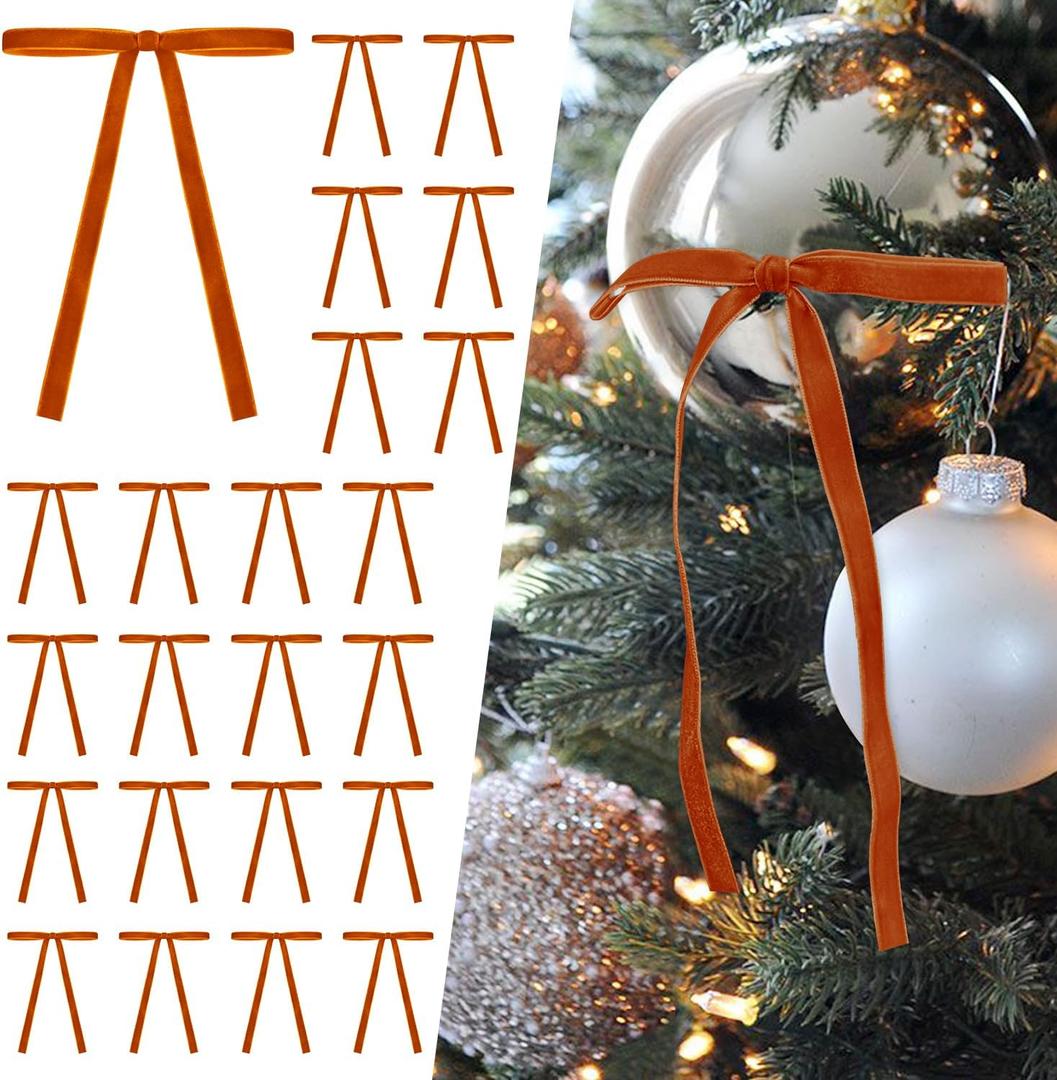 SIMISI RIBBON 24Pcs Orange Christmas Velvet Ribbon Bows Decorations Xmas Ornaments Vintage Decor for Tree, Wreath, Garland (3/8'' Width, 5 * 7 inch)