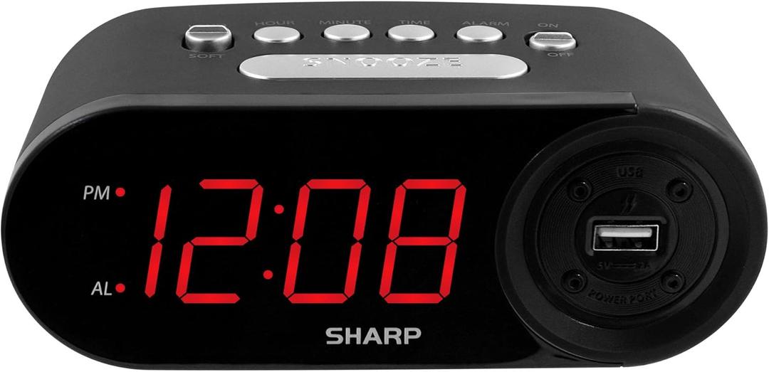 Sharp Digital Easy to Read Alarm Clock with 2 AMP High-Speed USB Charging Power Port - Charge Your Phone, Tablet with a high Speed Charge! Simple, Easy to Use Operation, Midnight Black (Black - Red Led)