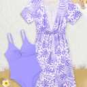 KANGKANG Girls Swimsuit, Girl Swimsuits Size 14-16 Light Purple One Piece Teen Girls Bathing Suits with Tropical Palm Print Cover Up Swimwear Set 15-16Y