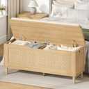 Keehusux 47.2" Rattan Storage Chest with Padded Seat Cushion, Natural Oak | Extra Large Storage Bench with 2 Safety Hinges, Storage Trunk with Solid Wood Legs & Rounded Corners for Entryway, Bedroom