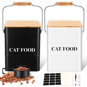 Tioncy 2 Pcs Metal Cat Food Containers with Bamboo Lids and Spoon Airtight 5-7 Lbs Cat Treat Snack Jars with DIY Labels Big Pet Cookie Storage Bin for Kitchen Counter (Black, White)