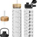 MUKOKO Glass Water Bottles, 32oz Glass Tumbler with Straw, Drinking Bottles with 2 Lids-Handle Spout Lid&Bamboo Straw Lid, Motivational Water Bottle with Time Marker and Silicone Sleeve, 1 Pack-White