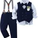 YALLET Toddler Baby Boy Clothes Suit Gentleman Wedding Outfits, Formal Dress Shirt+Bowtie+Vest+Boutonniere+Suspender Pants (12-18 Months, V Navy Blue)