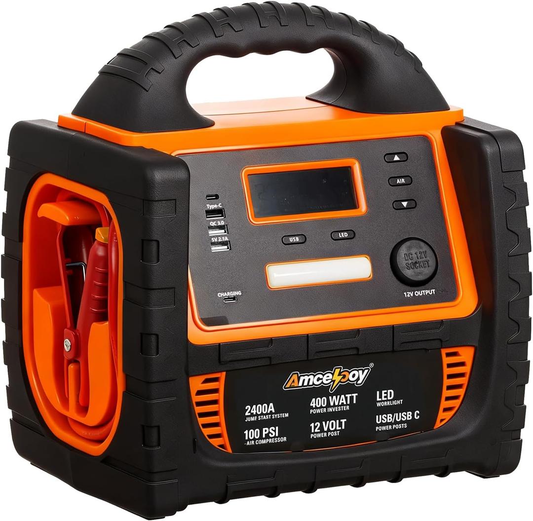 2400A Car Battery Jump Starter and Portable Power Station Starts 8.0L Gas & 8.0L Diesel 6-in-1 Jump Starter with Air Compressor 100 PSI Tire Inflator 400 Watt Inverter AC/DC/USB Outlets