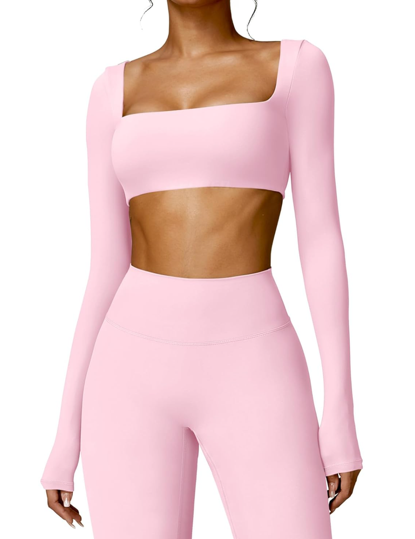 Kyla Women Crop Top Long Sleeve Padded Sports Low Medium Impact Yoga Shirt Workout, Large