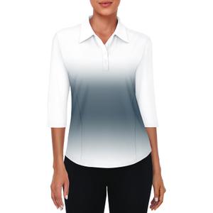 Zamowoty Women's 3/4 Sleeve Golf Tennis Polo Shirts 4-Button Dry Fit Workout Tops Athletic Shirt UPF50+ (X-Large, Black Grey Gradient)