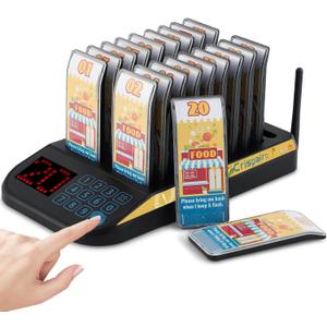 Restaurant Pager System (Upgraded 20-Pager Set) Wireless Calling System with Charging Indicators 7 Customizable Alarm Modes and Extended Long-Range for Restaurants Food Trucks and Hospitals (Black)