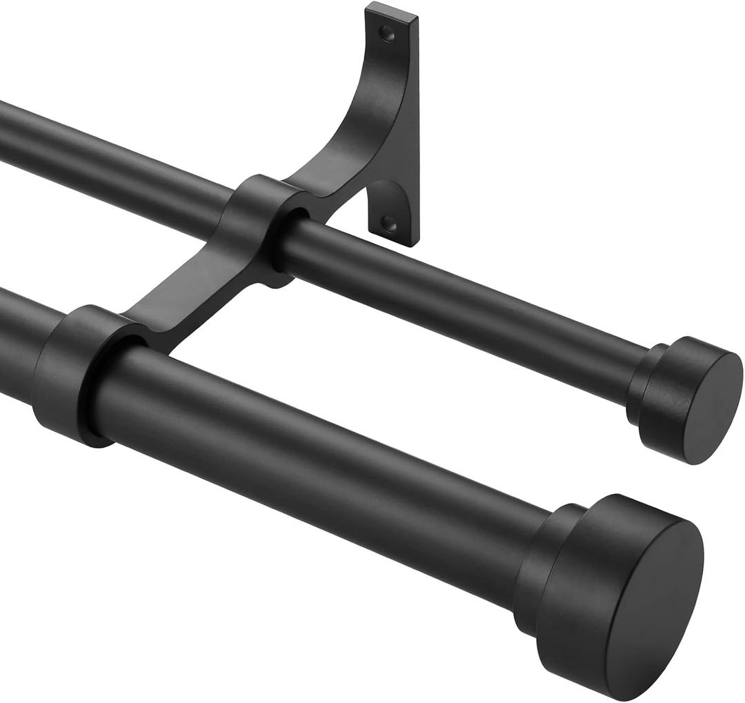Heavy Duty Double Curtain Rods With Cylindrical Cap Finials 36 to 72" Telescoping 1 Inch Diameter Front and 5/8 Inch Diameter Back Window Drapery Rods, Matte Black