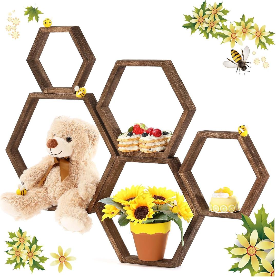 Gerrii 5 Pcs Honey Comb Decorations 5 Sizes Wood Hexagon Shelves Honeycomb Centerpiece Cupcake Stand Wooden Bee Hive Display Holder for Baby Shower Honeybee DIY Birthday Party Decor (Dark Brown)