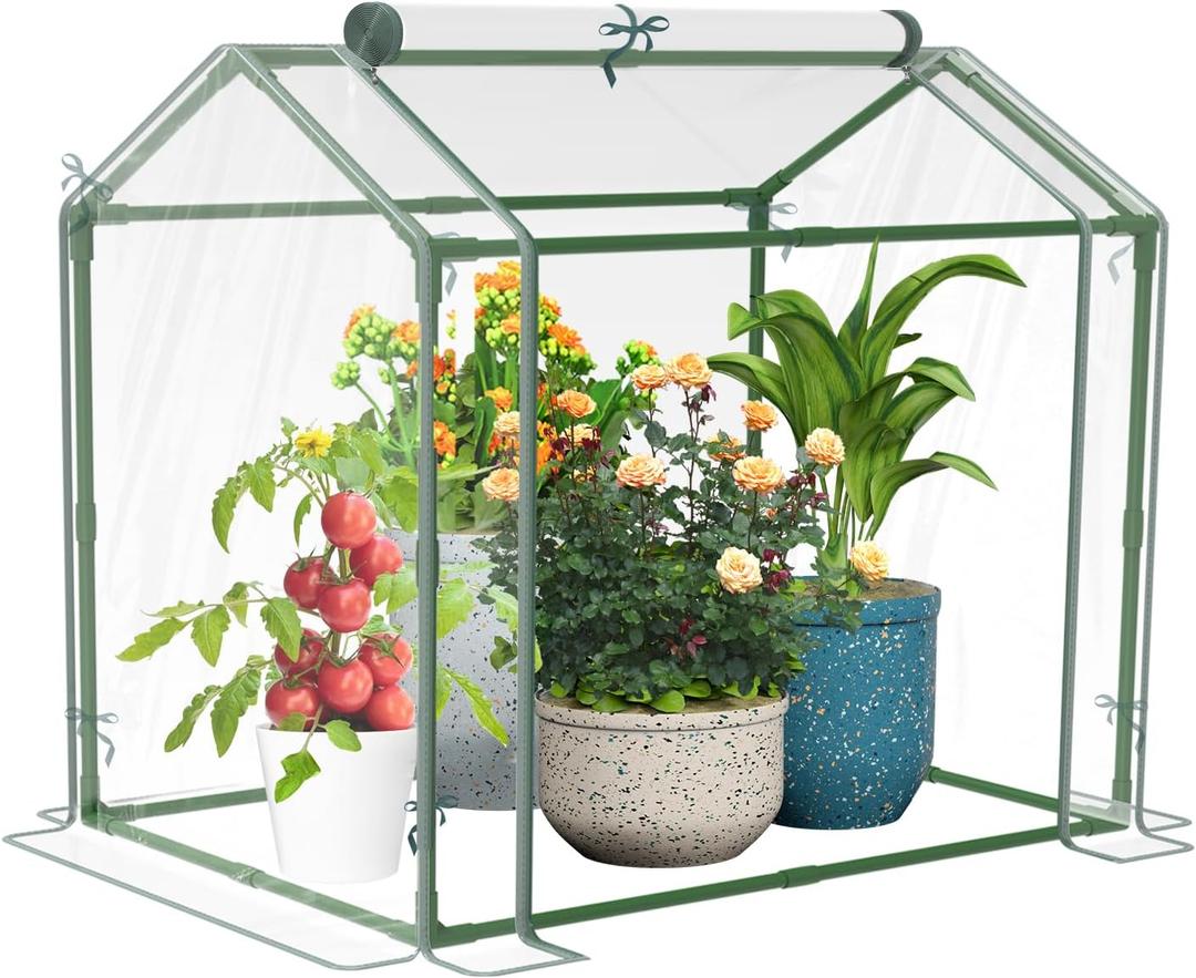 Esbaybulbs Mini Greenhouse with PVC Cover and Roll-Up Zipper Door, 33.5'L x 23.2'W x 32.5'H, Transparent, Steel Frame, Roll-Up Door, Garden Greenhouse