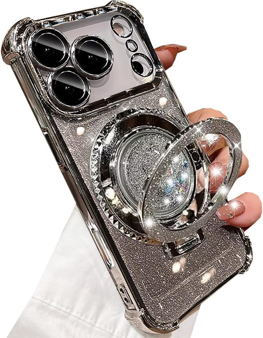Glitter Kickstand Case for iPhone 17 Pro,Cute Luxury Bling Sparkle Case with Camera Lens Protector Liquid Flowing Ring Stand Soft TPU Shockproof Women Girl Cover for iPhone 17 Pro 6.3",Silver
