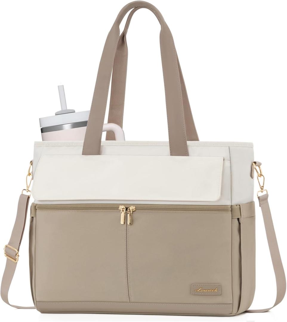 LOVEVOOK Laptop Bag for Women 15.6 Inch Canvas Laptop Large Capacity Work Bags Mutiple Pockets Teacher Bag Water Resistant Computer Bags for Business Travel Nurse, Khaki