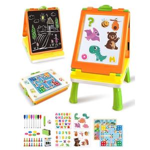 Elovien Easel for Kids, 4 in 1 Double Sided Toddler Art Easel with Chalkboard & Magnetic Whiteboard, Foldable Tabletop Easel with Drawing & Writing Accessories - Educational Gift for Boy Girl (Orange)