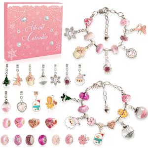 OuMuaMua 24 Days Christmas Advent Calendar 2025, Charm Bracelet Making Kit, Pink Charm Beads, Countdown Calendar DIY Jewelry Making Kit for Adults Women Teens Girls Kids Xmas Holiday Birthday Gifts