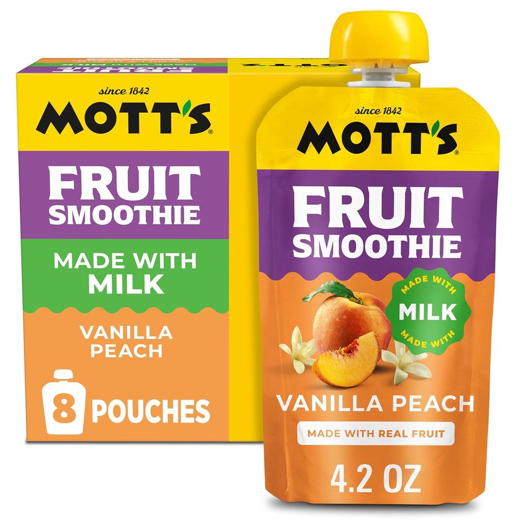 Motts Fruit Smoothies Vanilla Peach, 4.2 oz clear pouches, 8 Pack, Made With Milk, Made With Real Fruit, Good Source of Calcium, On-the-Go, BBD: 06/03/26