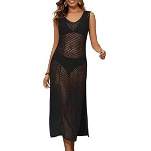 Bsubseach Crochet Cover Up for Swimwear Women Sleeveless Swimsuit Coverup Beach Knit Dress Side Slit (Black1, Small)