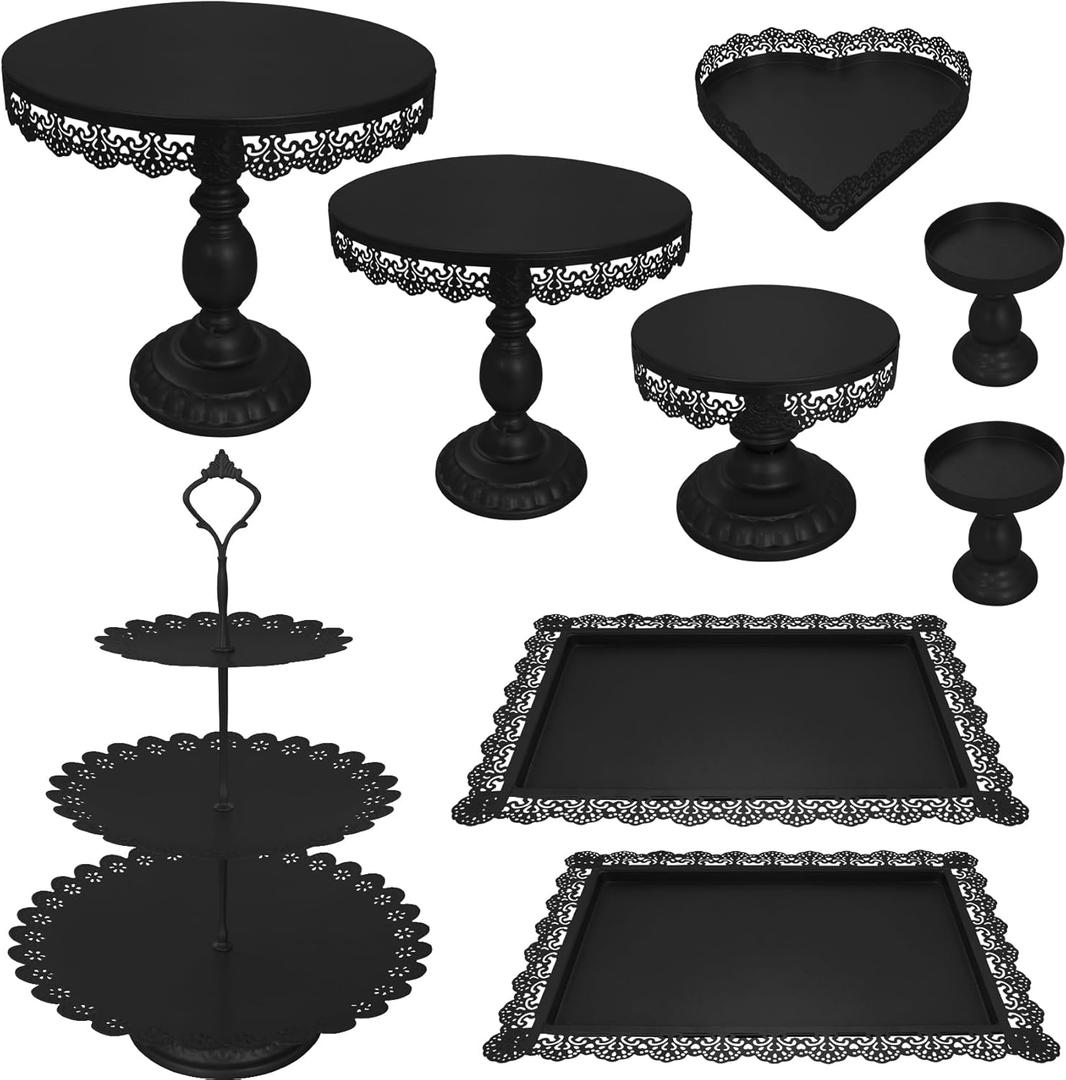 JALANCY Set of 9 Cake Stands Metal Cupcake Stand Set Multiple Styles Candy Fruit Display Tower Dessert Plate Cake Serving Tray for Birthday Party Wedding Anniversary Baby Shower Engagement (Black)