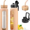 32oz Glass Water Bottle with Straw and 2 Lids- Bamboo and Spout Lid,Motivational Sports Water Bottle with Silicone Sleeve and Time Marker,Reusable for Gym, Outdoors, Amber
