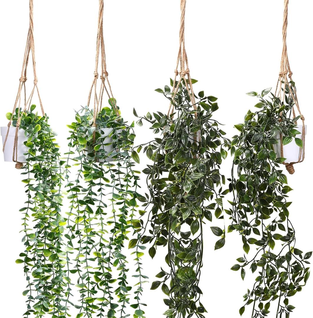 Irenare 4 Pcs Fake Hanging Plants Artificial Indoor Decoration 30 Inch Artificial Hanging Eucalyptus Vines Potted for Home Mandala Greenery for Living Room Office Bedroom Garden Indoor Outdoor(Green)