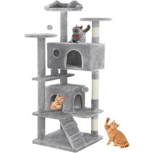 Sweetcrispy 54 Inch Cat Tree Tower, Multi-Level Tower with Cat Scratching Post, Indoor Cat Condo with Climbing Ladder, Plush Toy, Play House for Cat, Light Grey