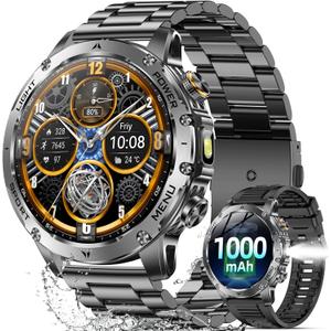 Karchilor Military Smart Watches for Men, 1.7″ Smartwatch with 1000 mAh Battery/ Led Flashlight/ Heart Rate/ Sleep Monitor 100+ Sport Modes, Answer/ Make Calls Fitness Watch for Android/ iPhone, 2 Bands