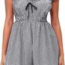 Women's Summer Y2k Plaid Mini Dress Short Sleeve Deep V Neck Smocked Waist Casual Romper Dress (S)