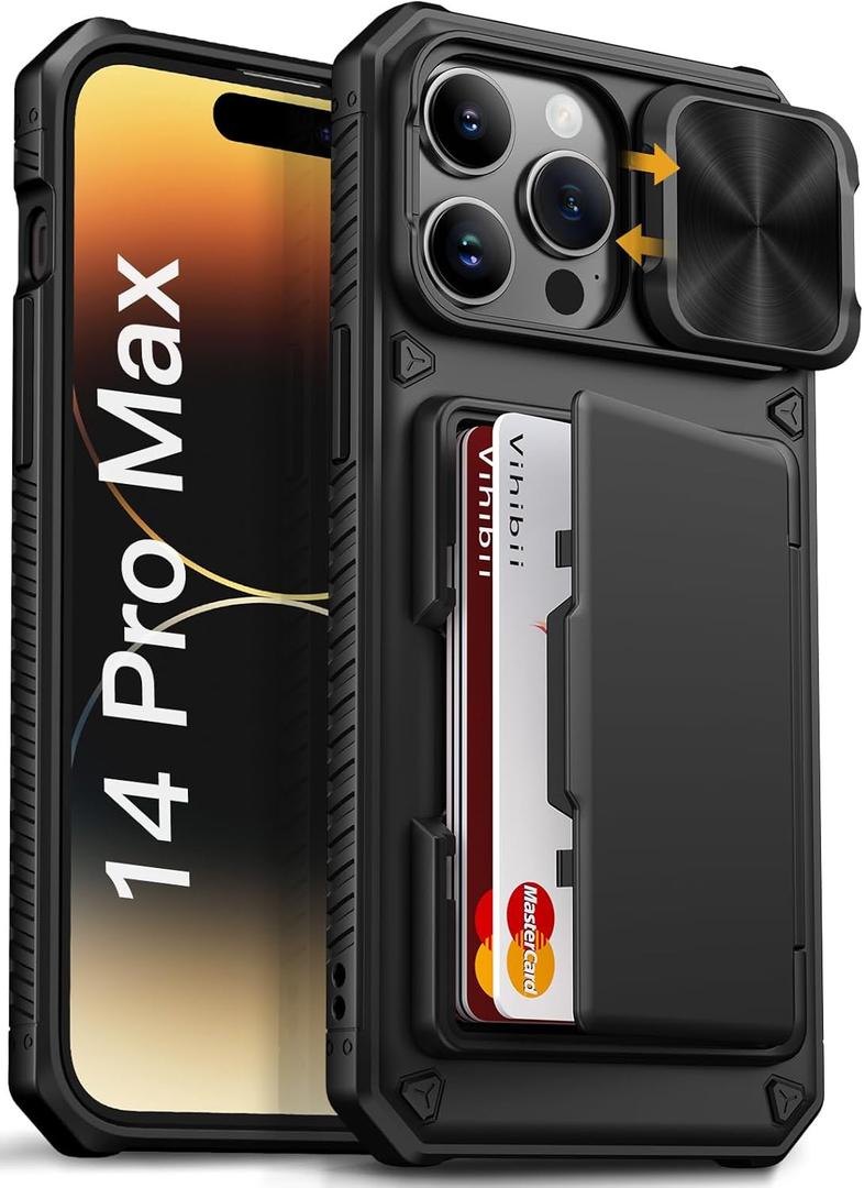 Vihibii for iPhone 14 Pro Max Case with Card Holder (4 Cards) [RFID Blocking] & Slide Camera Cover, Military Grade Drop Protection, Rugged Hard Back & Silicone Edge Wallet Case, 6.7" 2022, Black