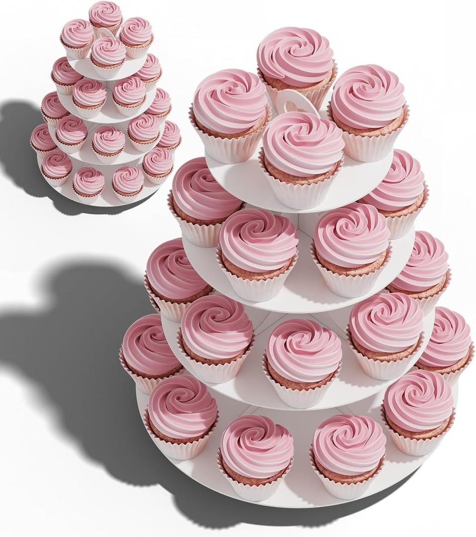 BLISSUR 2 Pack White 4 Tier Cupcake Stand Tower, Cardboard Holder for Parties (White)