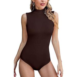SHEIUGU Bodysuit Women's Mock Turtle Neck Sleeveless - Sexy Tank Top Soft slim Basic t-shirt(Sleeveless Brown-XXLarge)
