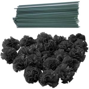 Rikyo 50 Artificial Silk Carnation Black Flower Head with Stems Set,Vase Fillers,Marigold Flower Heads for Diwali Home Decor Day of The Dead Wreath Garland Cake Ornaments,2" Petals Heads