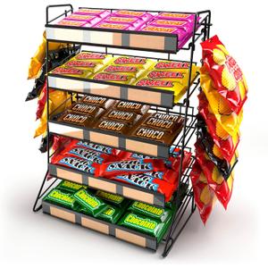 5 Tier Candy Display Rack, Large Snack Organizer For Countertop, Home Theatre Portable Concession Stand Snack Display, Black Metal Shelf With 12 Clips