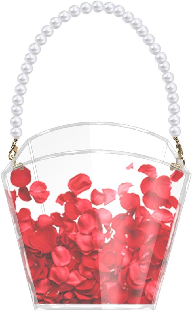 Clear Flower Girl Basket Fan Shape Wedding Petals Basket with Pearl Handle Acrylic Flower Holder for Confetti,Wedding Decoration (Fan Shape)