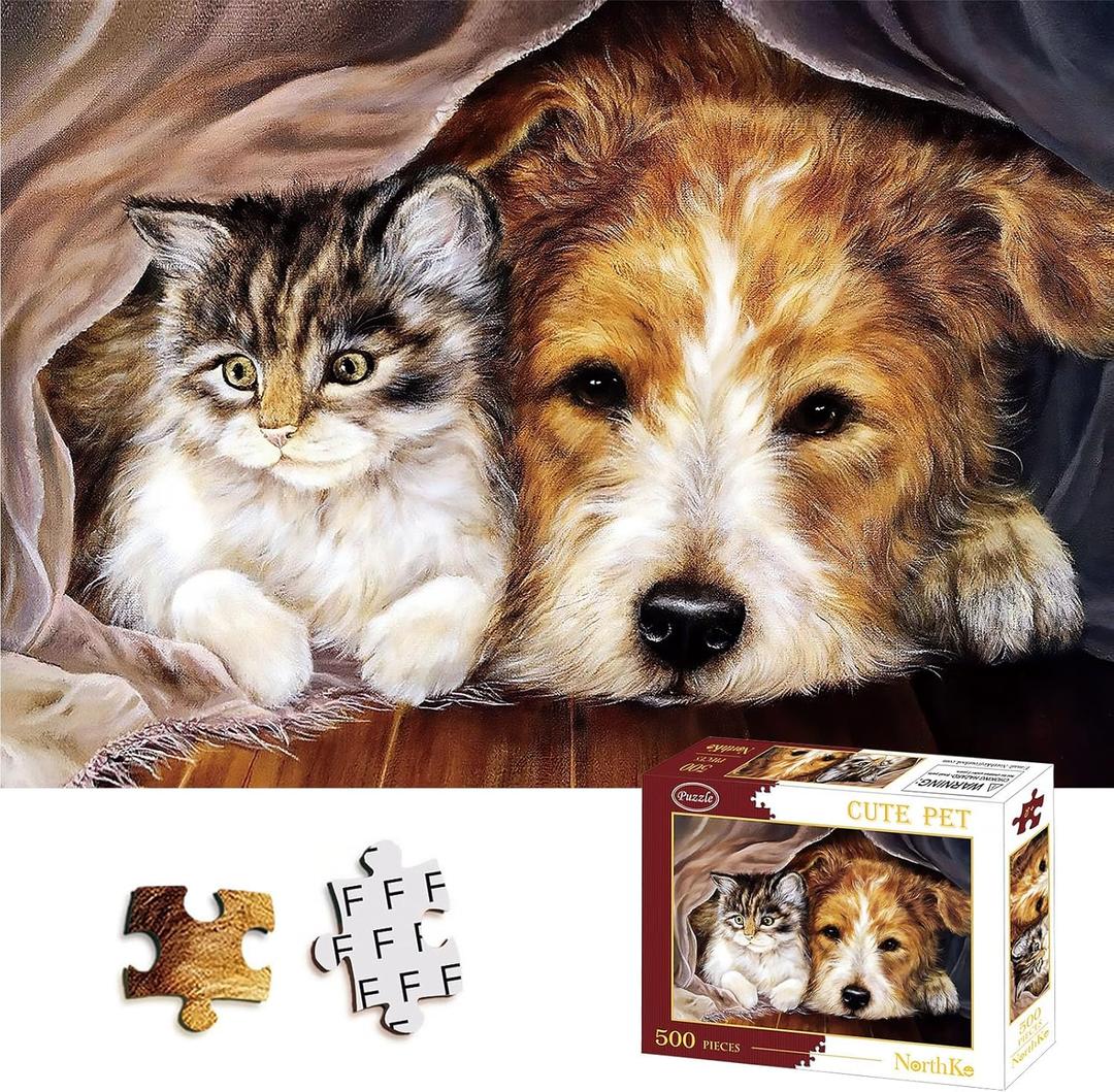 NorthKe 500 Piece Puzzle for Adults - Unique Shape Pieces Jigsaw Puzzles Letters on Back Difficult Challenging Brain Exercise for Dad & Mom Game Nights - Size 20" x 14.2" (Pets)