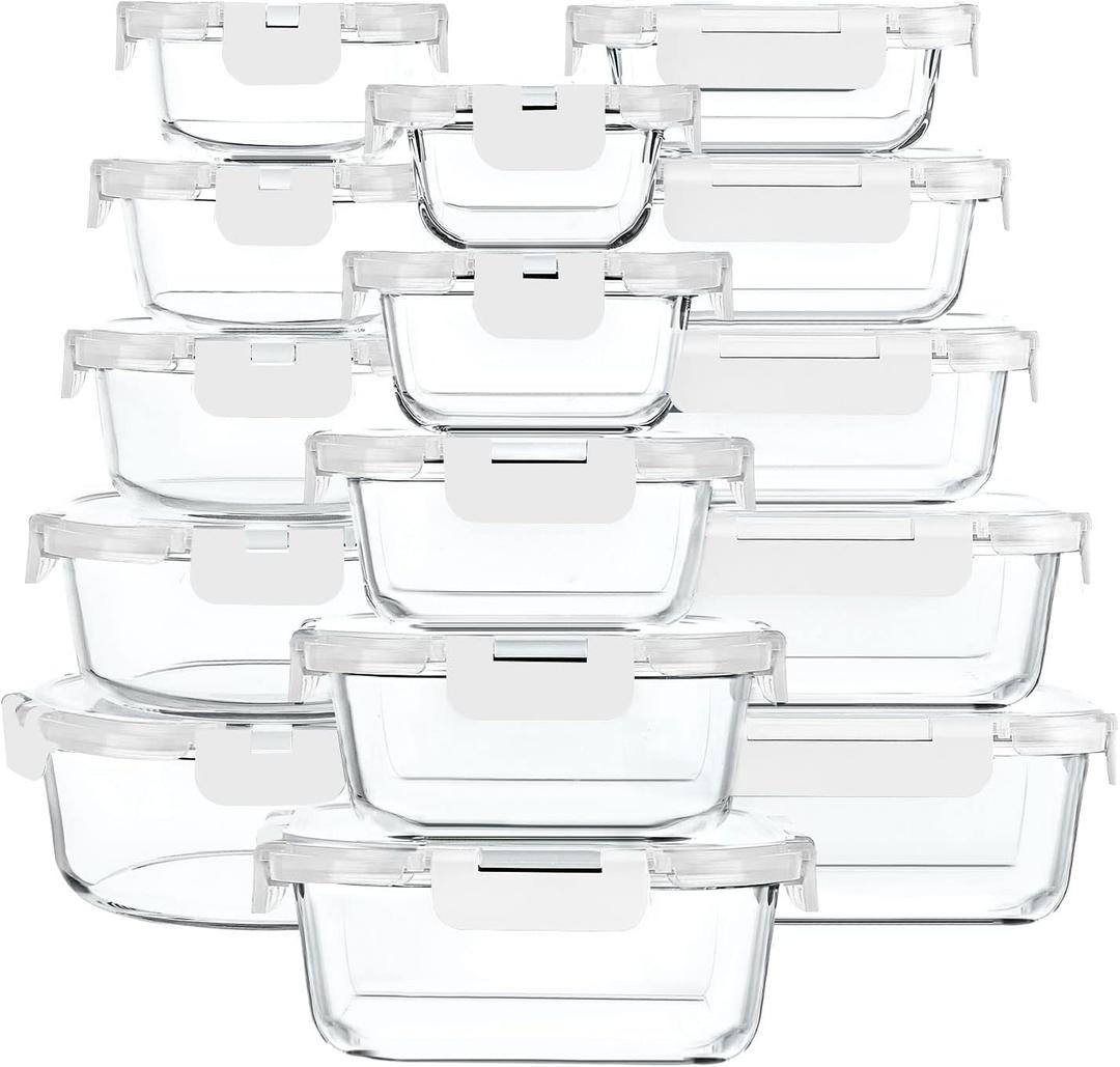 30 Pieces Glass Food Storage Containers with Upgraded Snap Locking Lids,Glass Meal Prep Containers Set - Airtight Lunch Containers, Microwave, Oven, Freezer and Dishwasher Friendly (White)